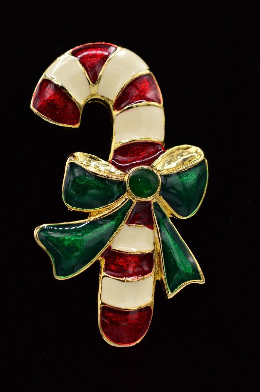 Vintage Christmas Pin Brooch Candy Cane Gold Red Green Enamel Bow 80s BinAC